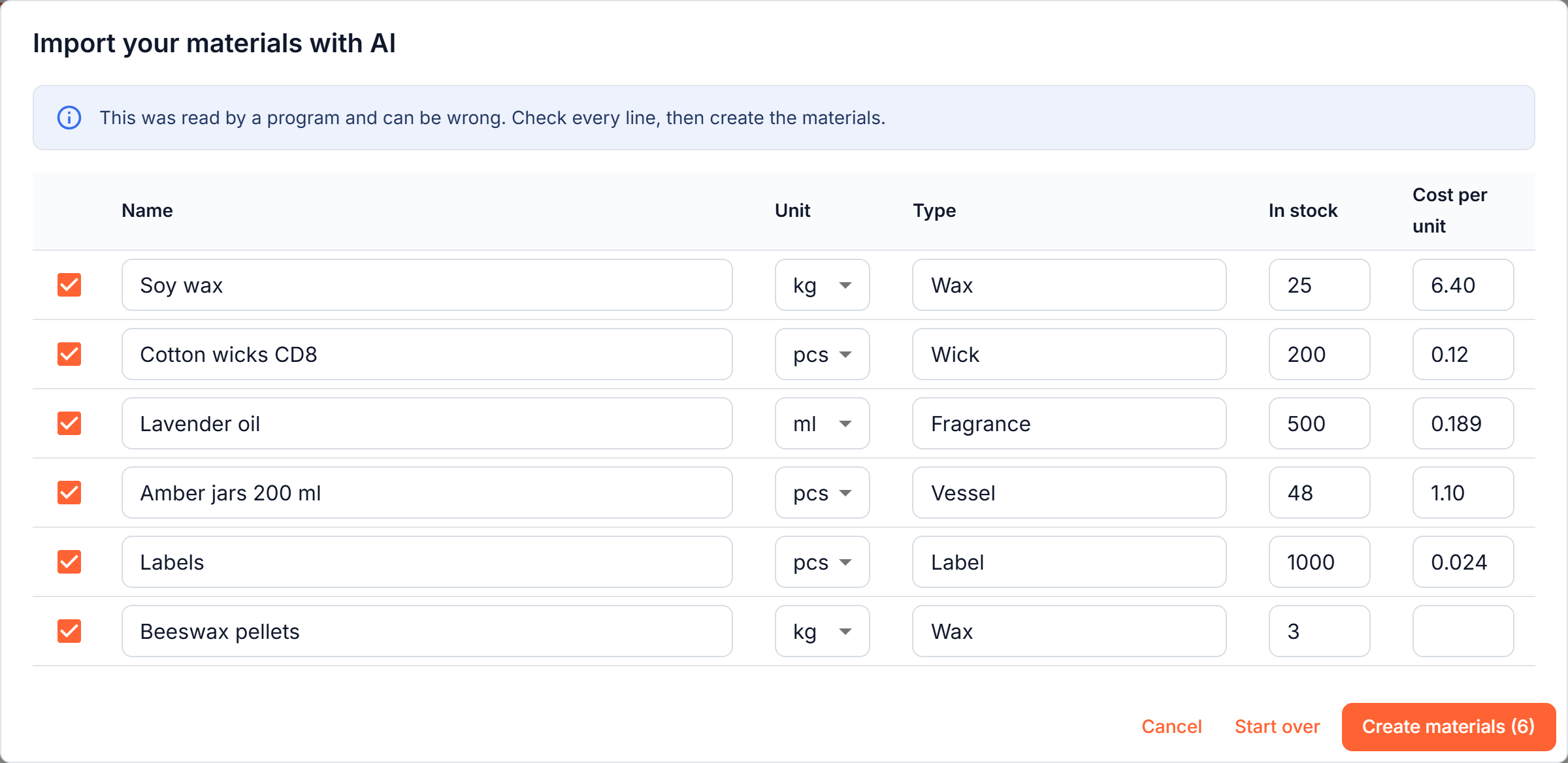The import dialog: a pasted list read into materials with units, types, stock and prices