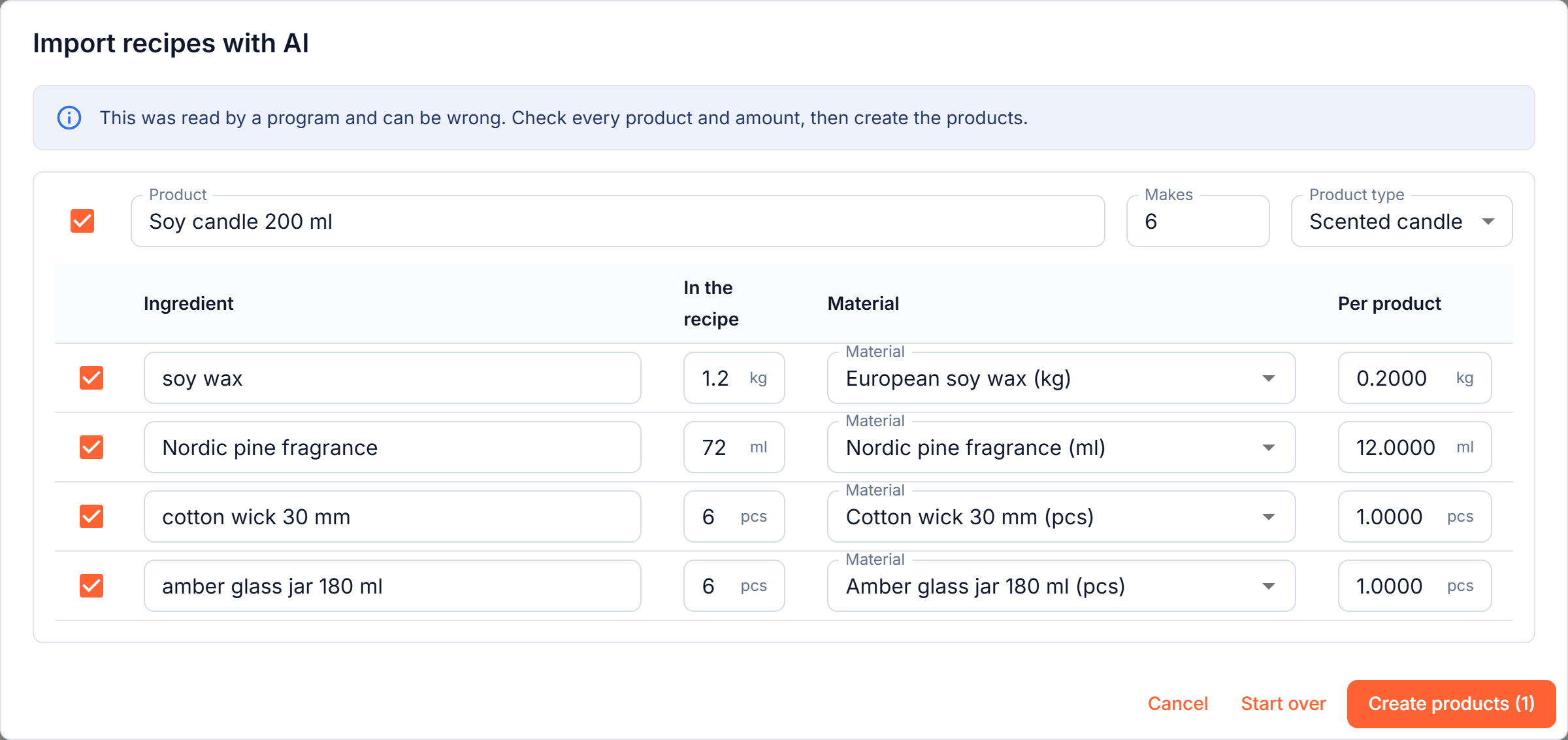 The recipe import dialog: a batch recipe read into a product with the amount per candle worked out