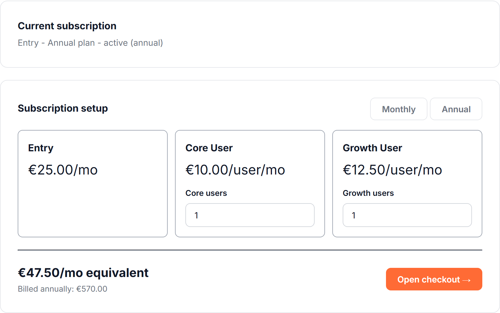 Current subscription and the Entry/Core/Growth seat calculator in your account area