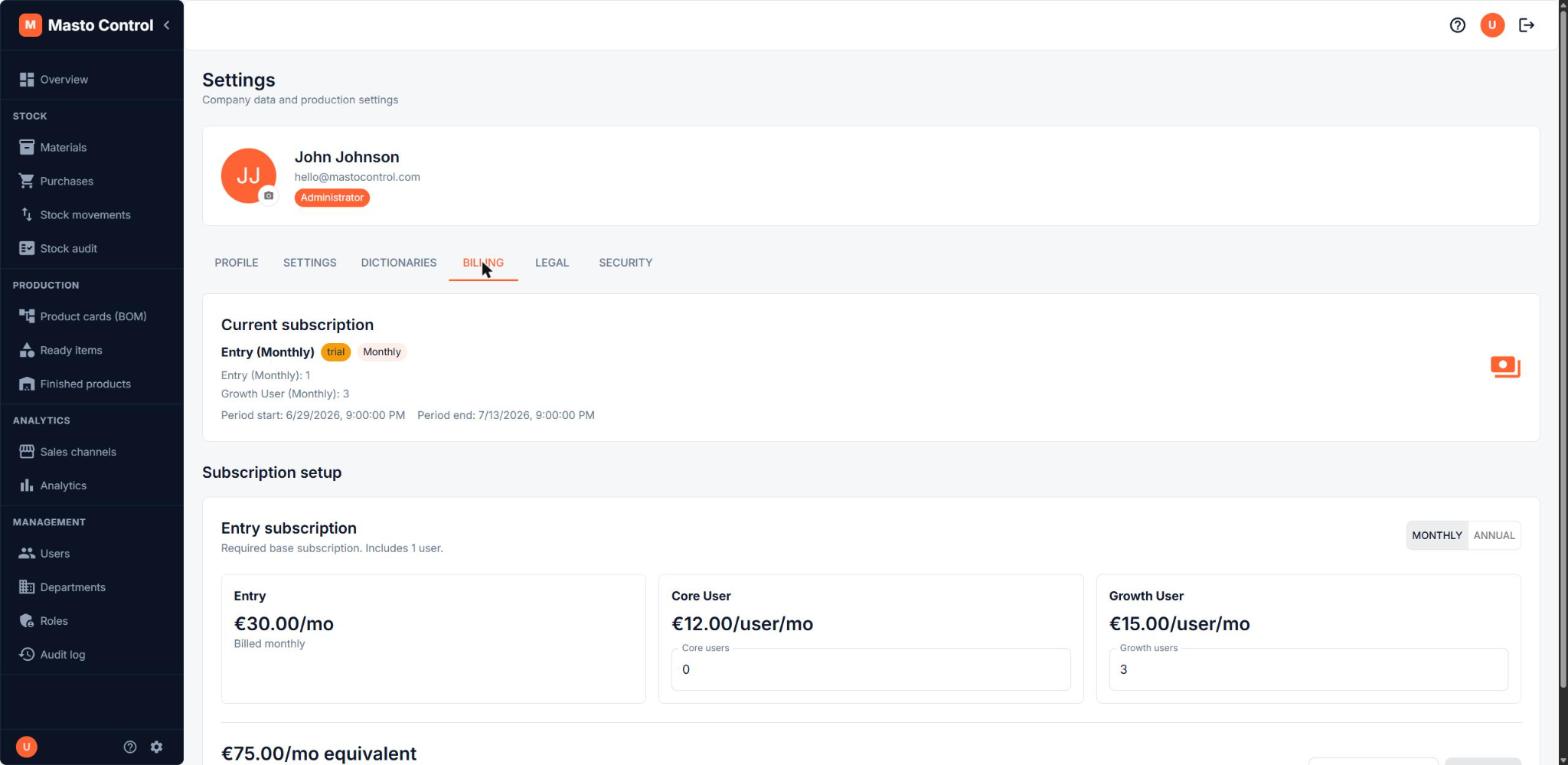 Billing tab with current subscription and Entry/Core/Growth calculator