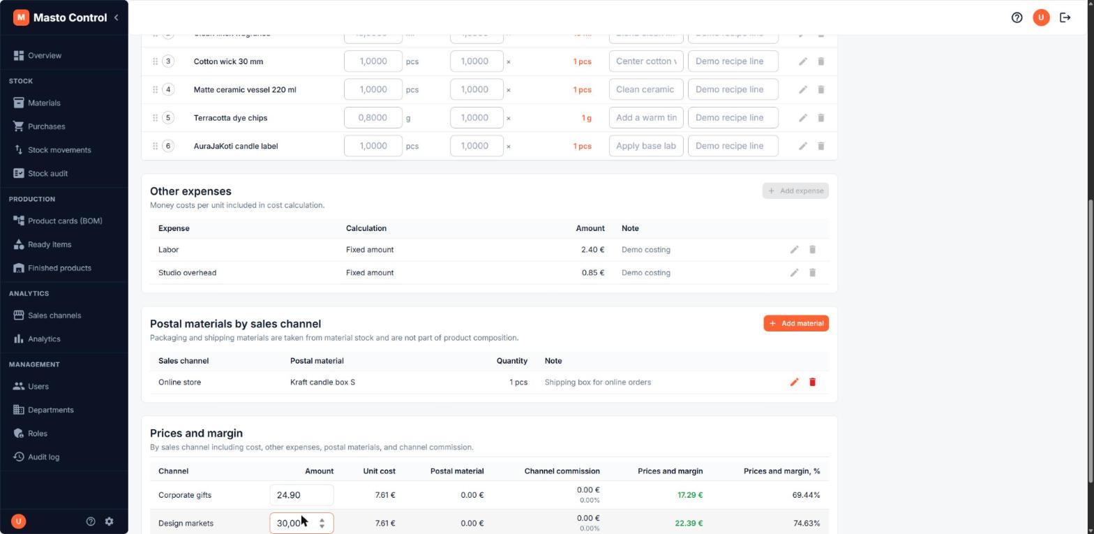 BOM card other expenses and prices &amp; margin by channel