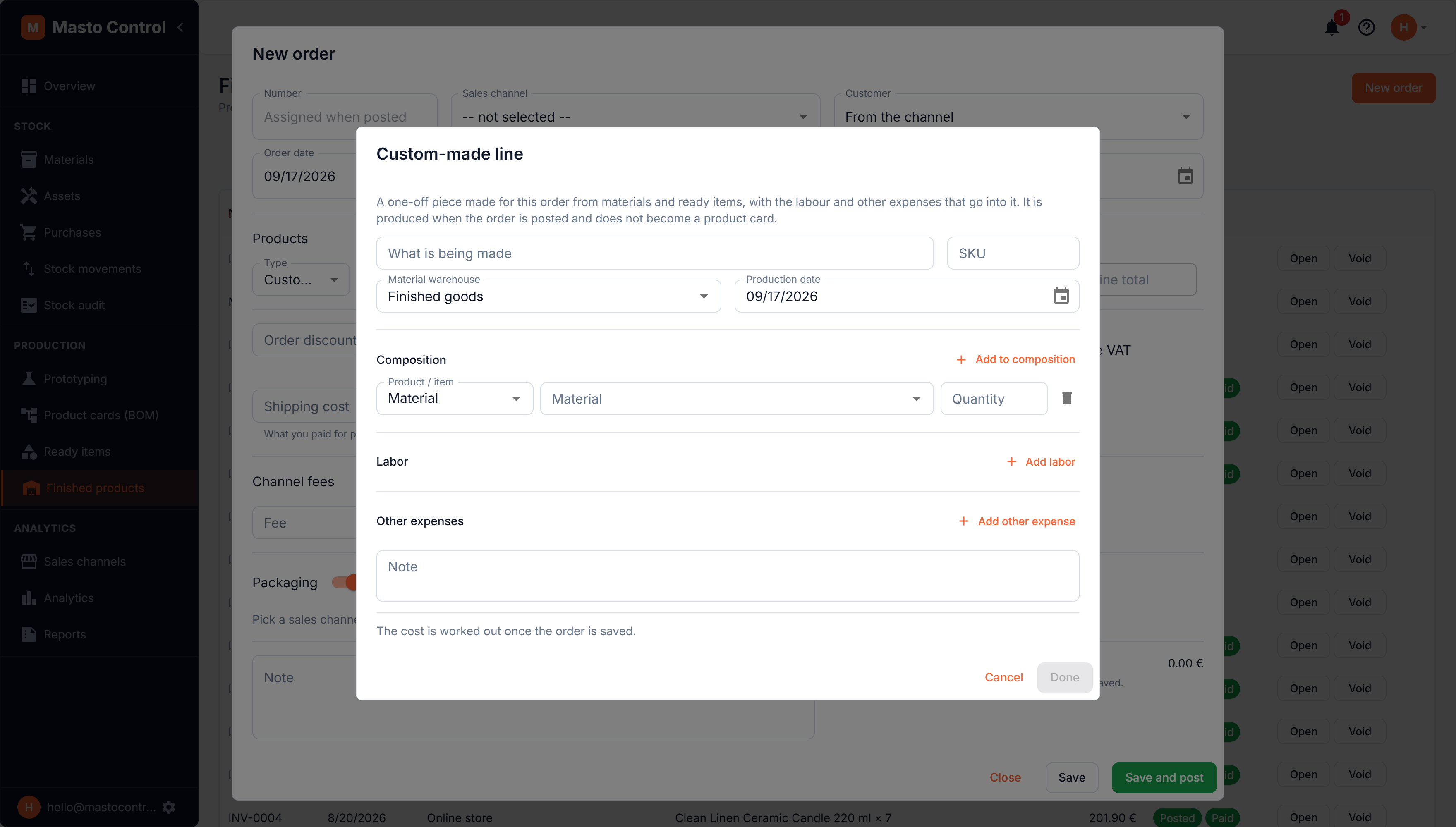 A custom-made line on a sales order
