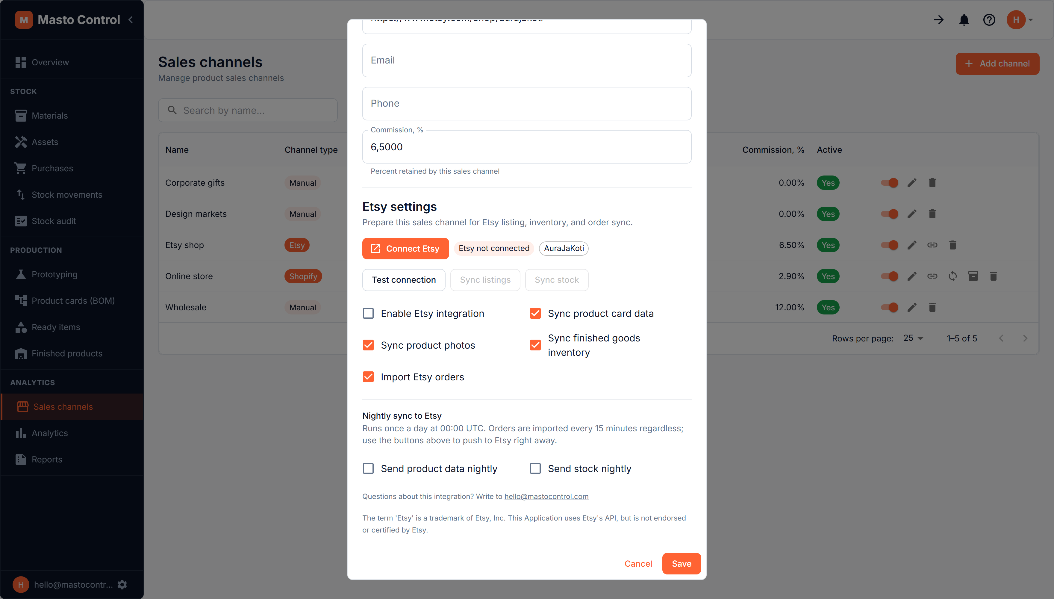 Etsy channel settings: connection status, sync buttons and sync options