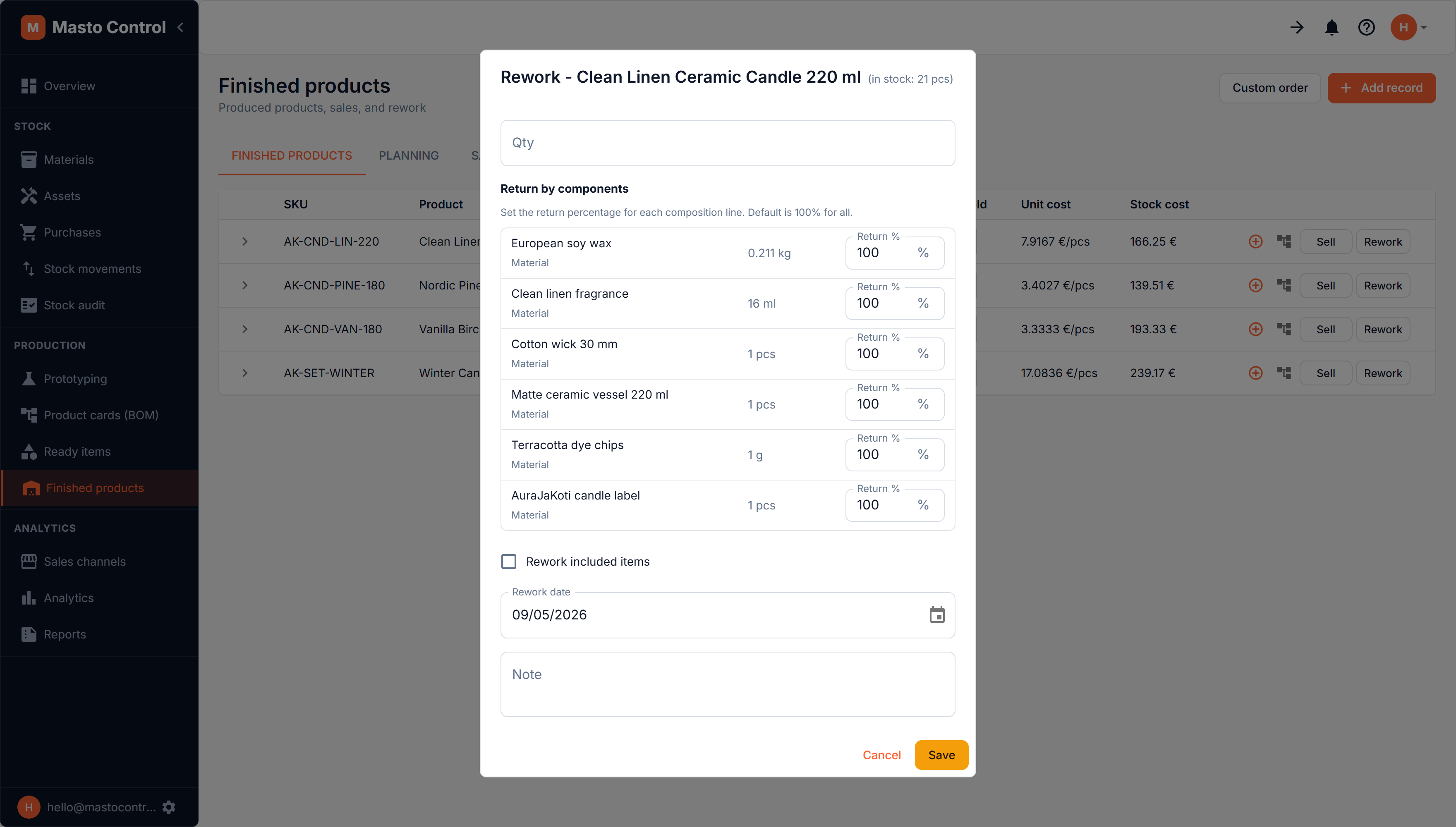 Rework dialog with return percentage per component