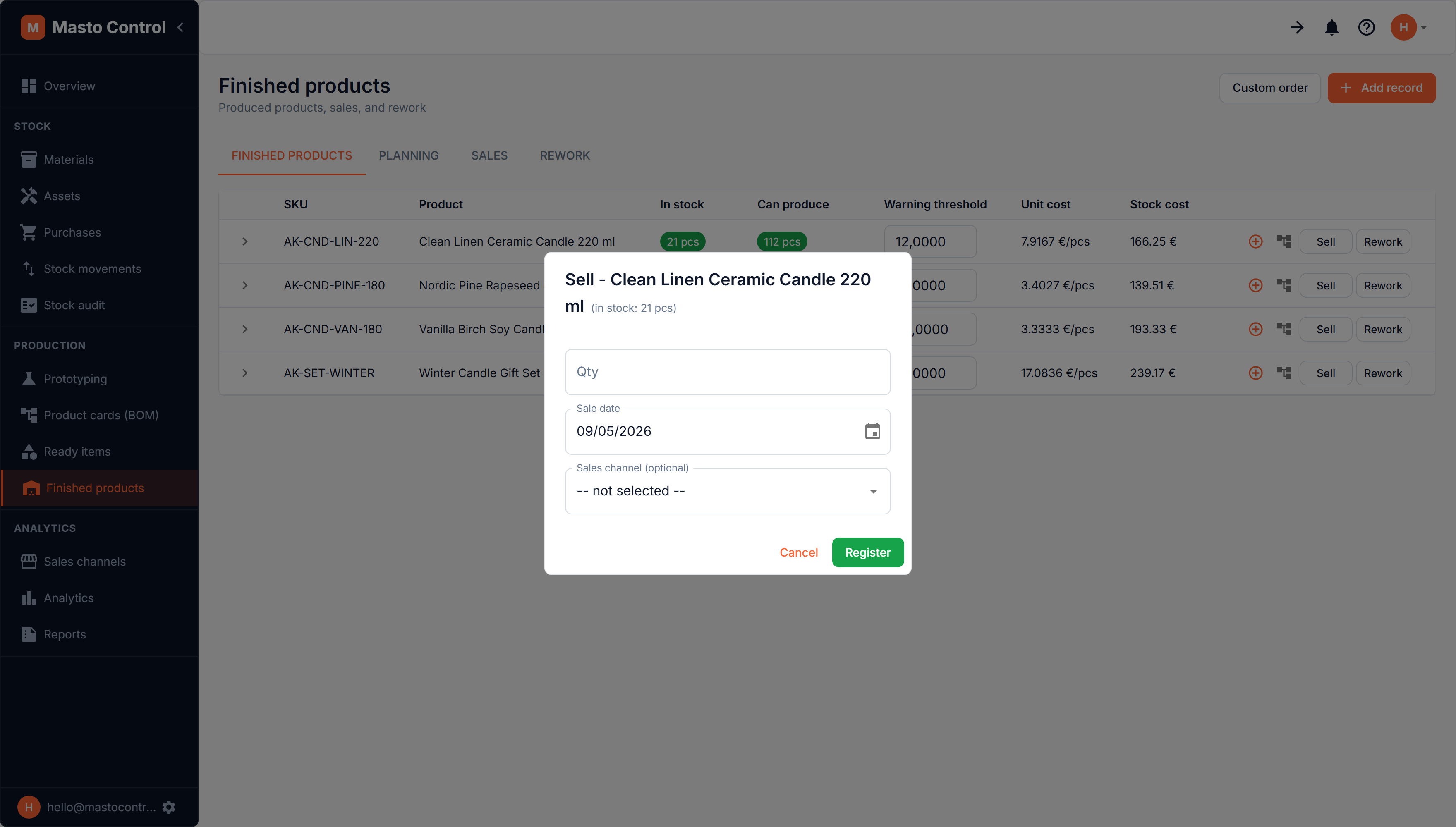 Sell dialog