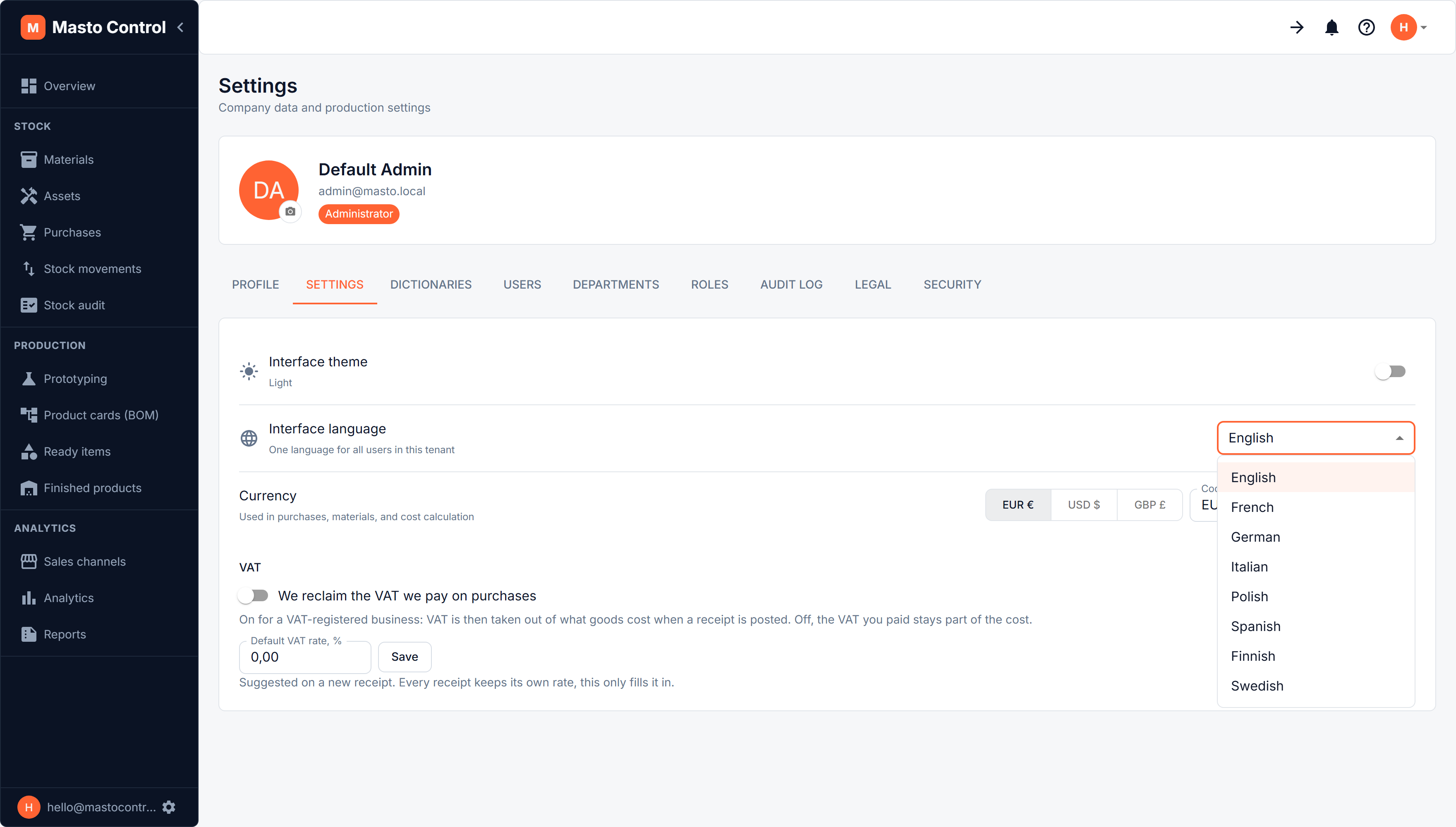 The interface language list with eight languages