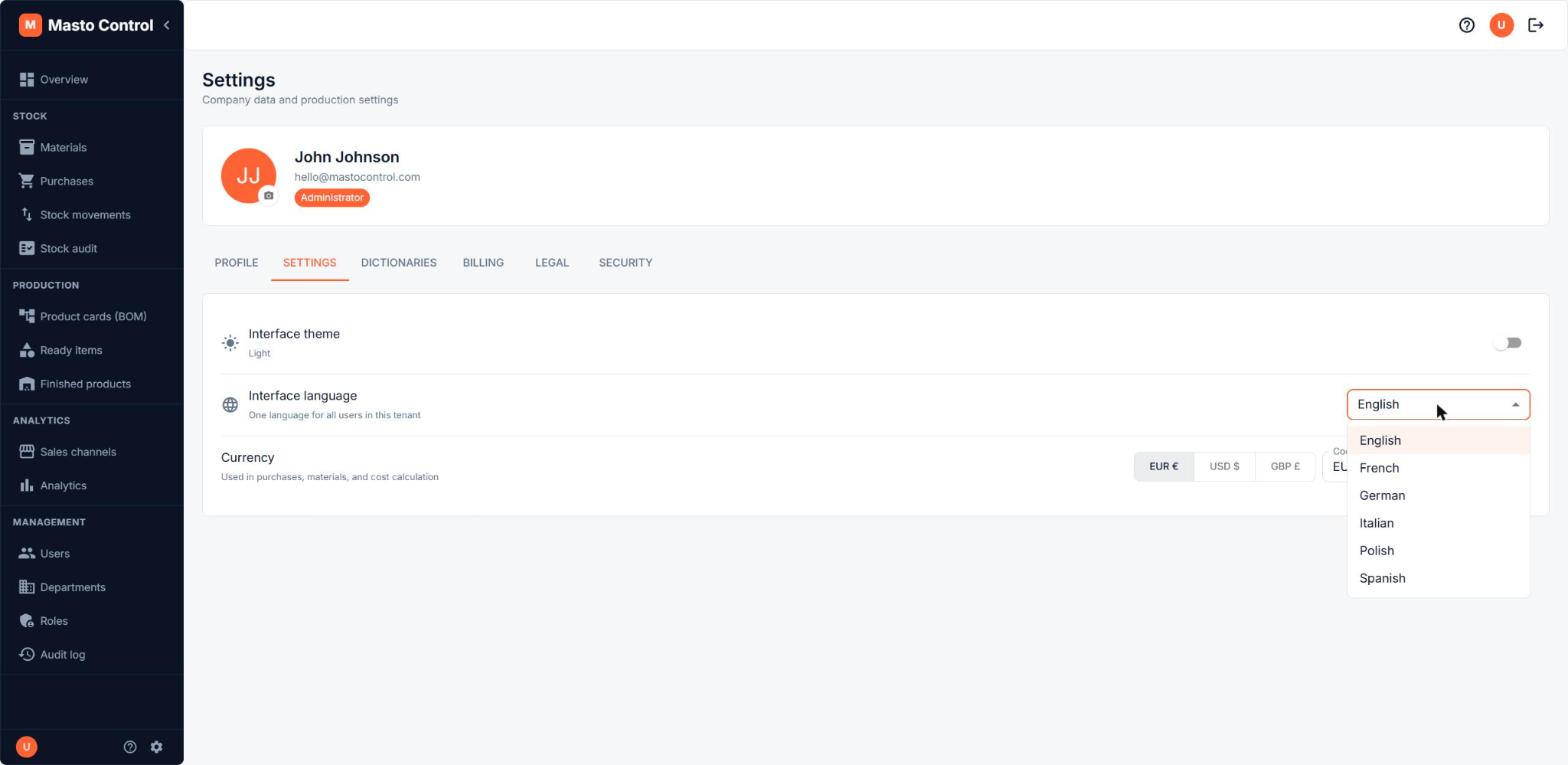 Interface language dropdown showing the 6 supported languages
