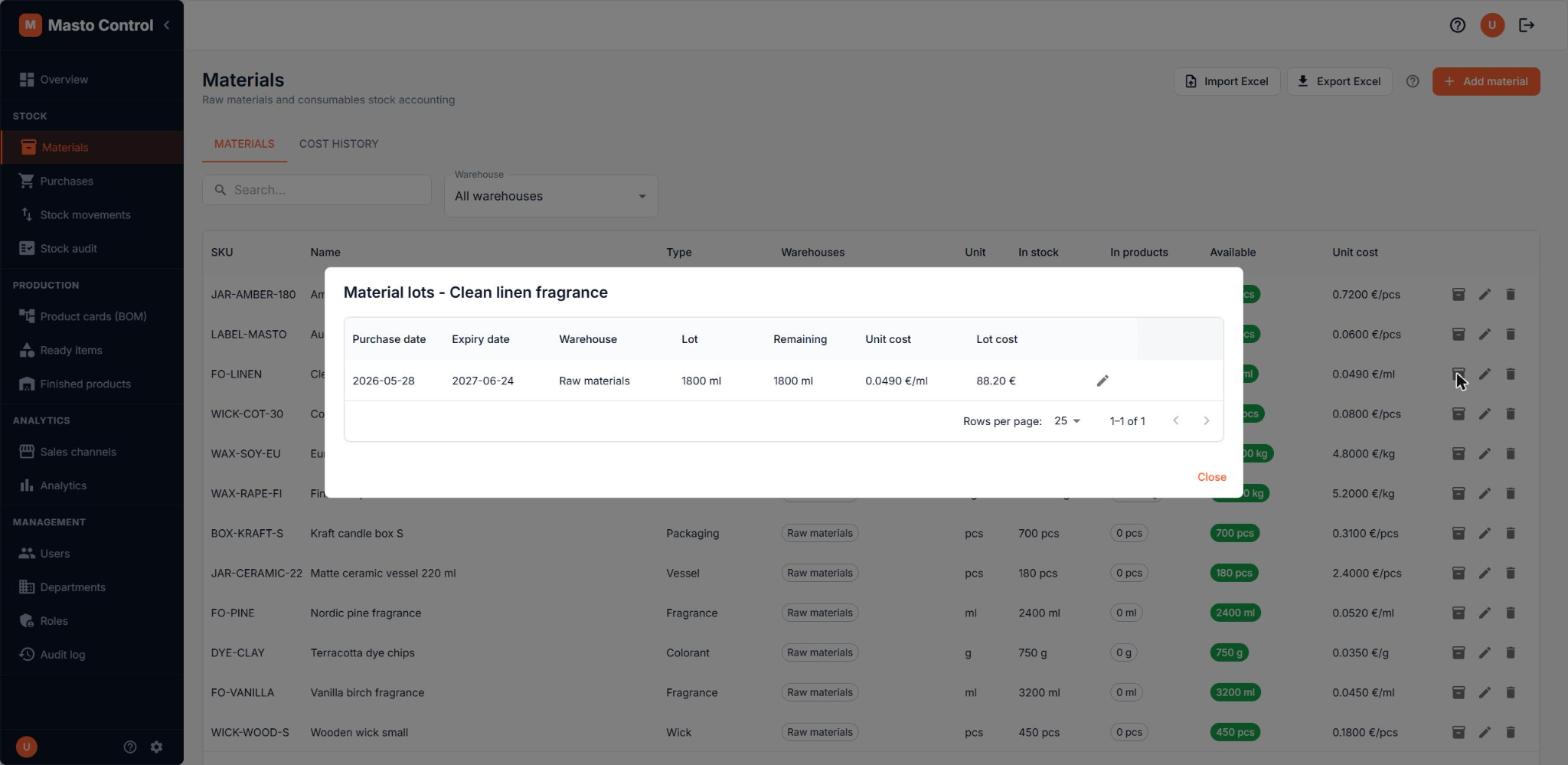 Material lots dialog showing purchase date, expiry date, and remaining quantity