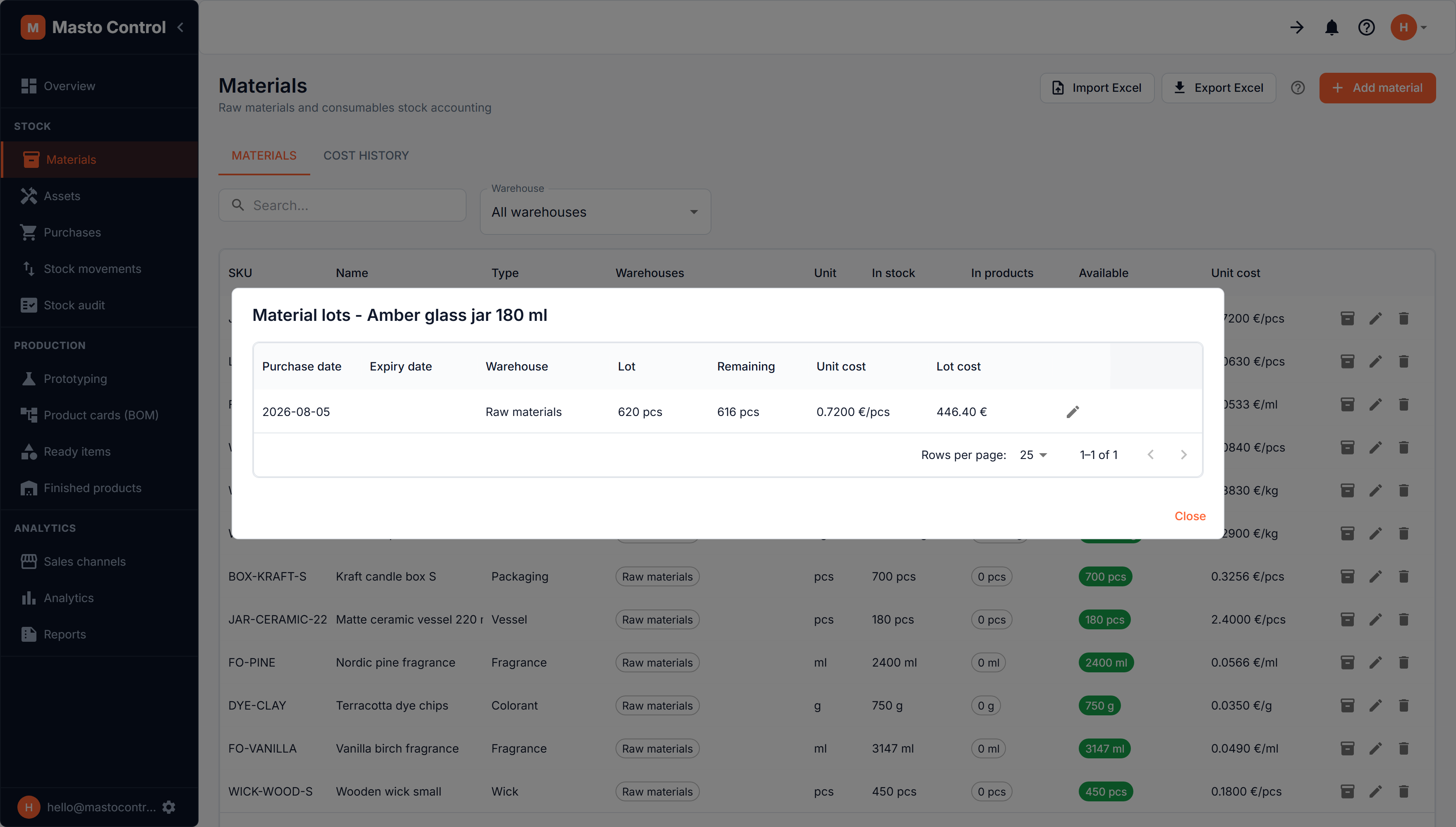 Material lots dialog showing purchase date, expiry date, and remaining quantity