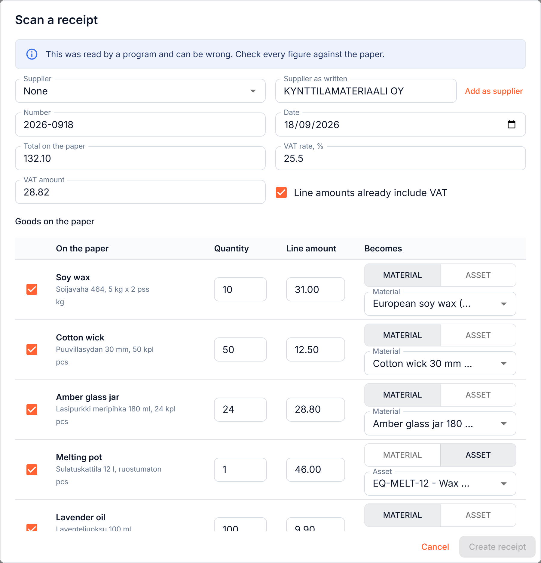 The scan dialog: the receipt as it was read, with each line matched to a material or a tool