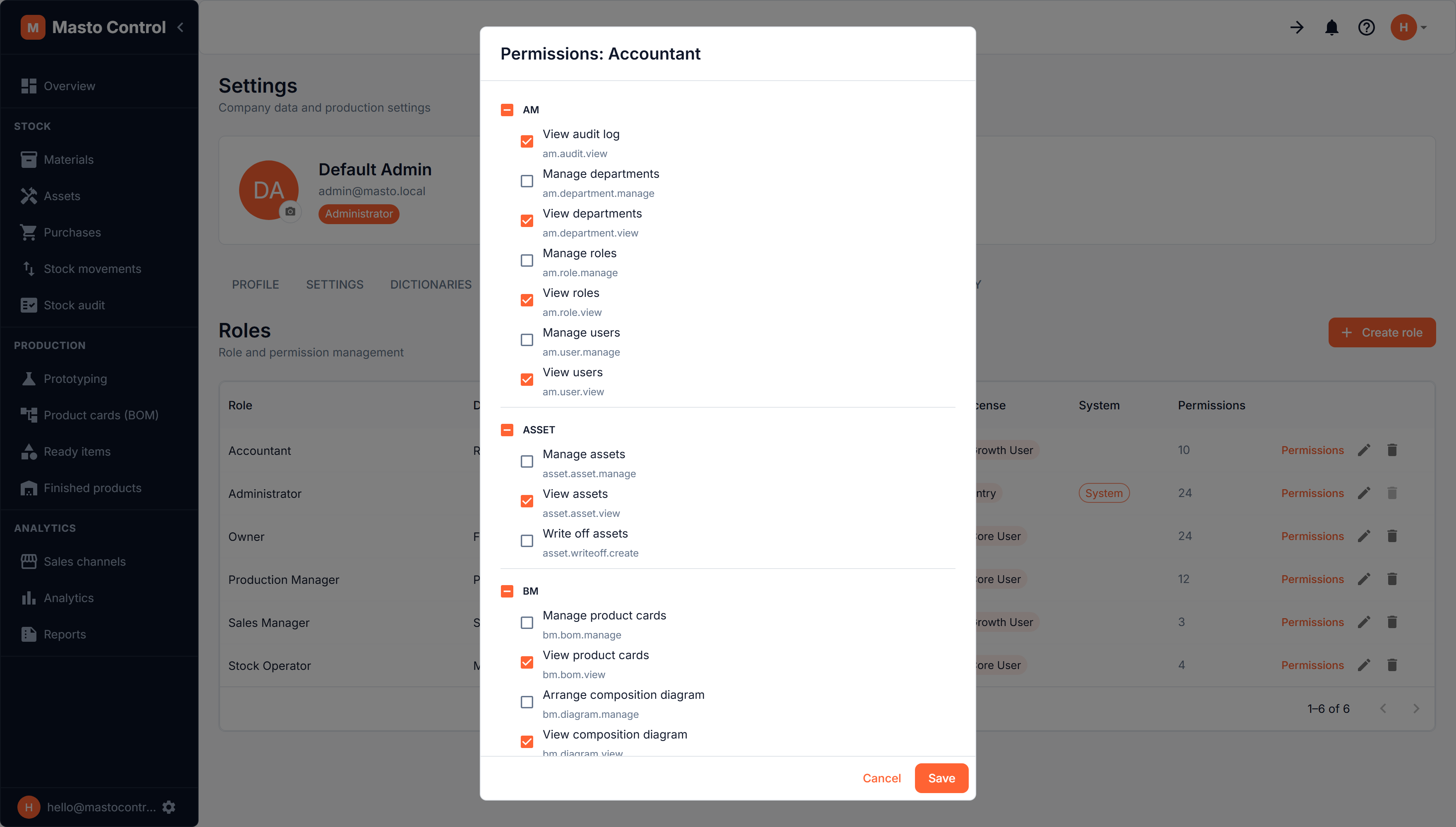 Role permissions dialog grouped by module