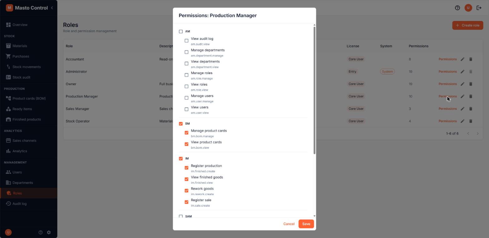 Role permissions dialog grouped by module