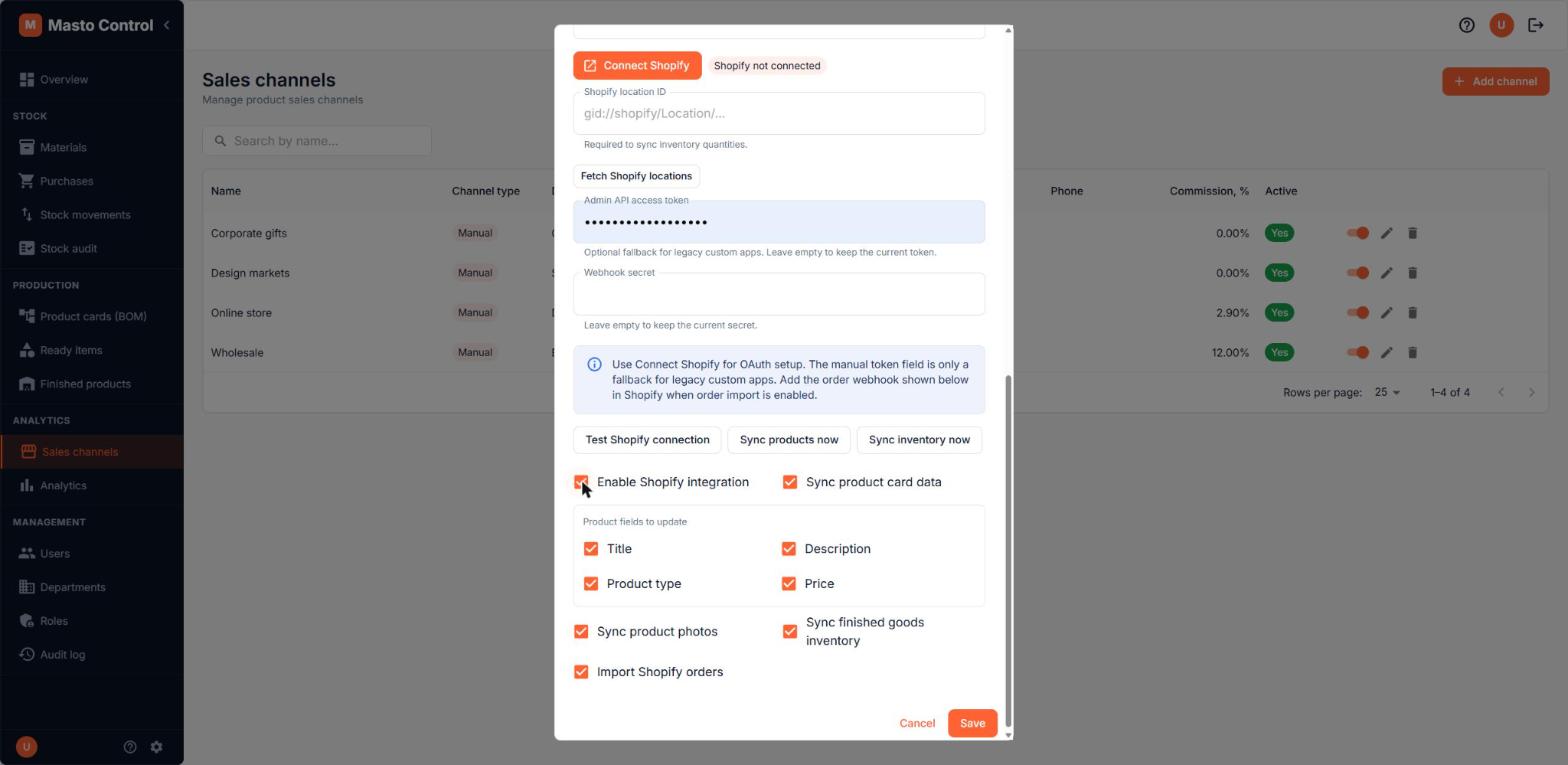 Shopify channel settings: connect, location, sync toggles