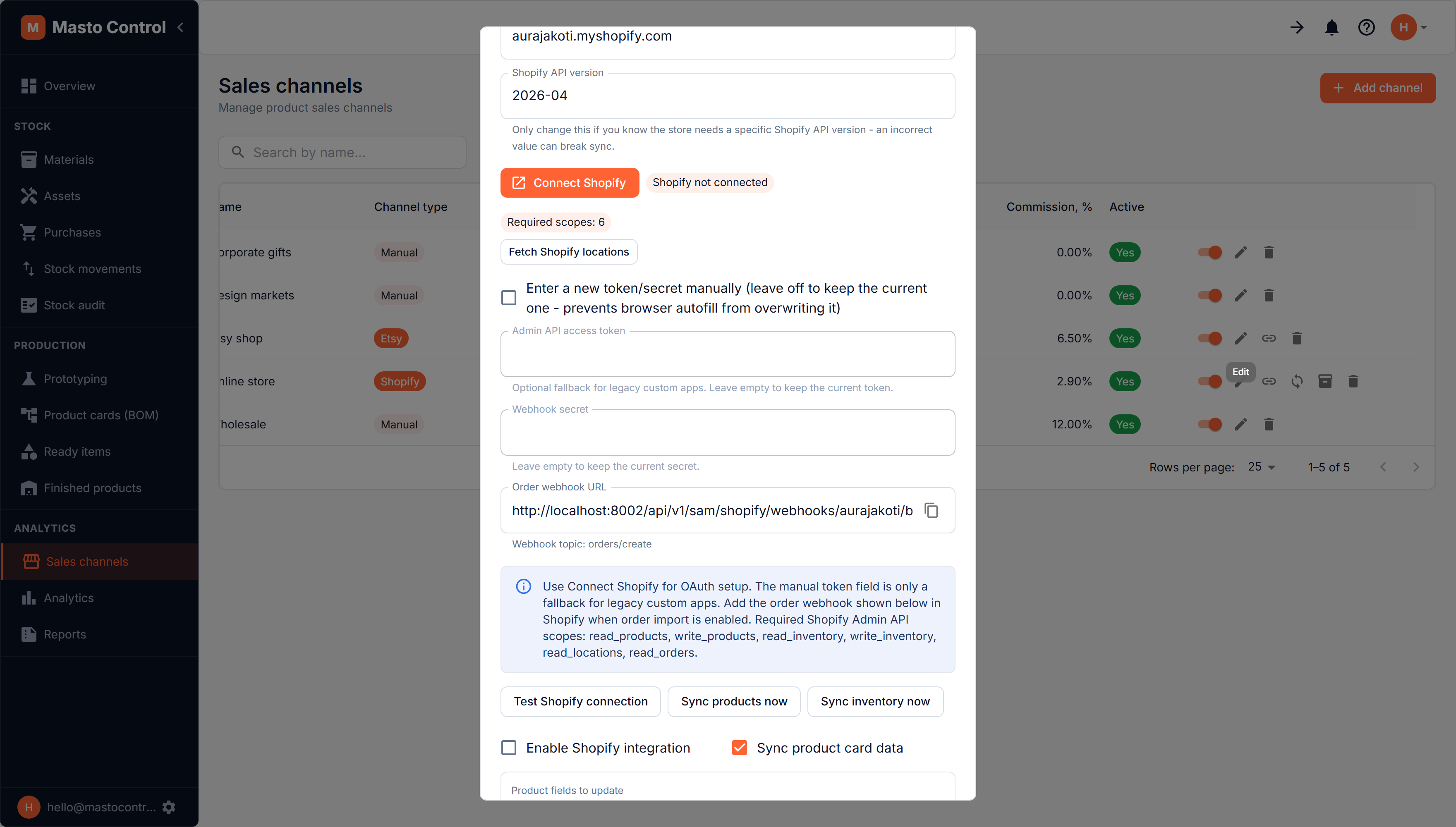Shopify channel settings: connect, location, sync toggles